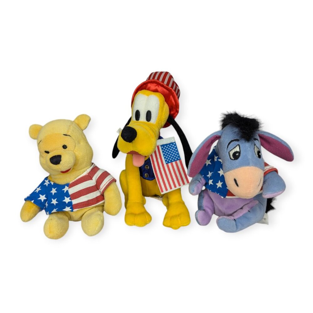 Vintage Disney Store Patriotic Beanie Plush Characters Pluto, Pooh & Eeyore - Picture 1 of 14